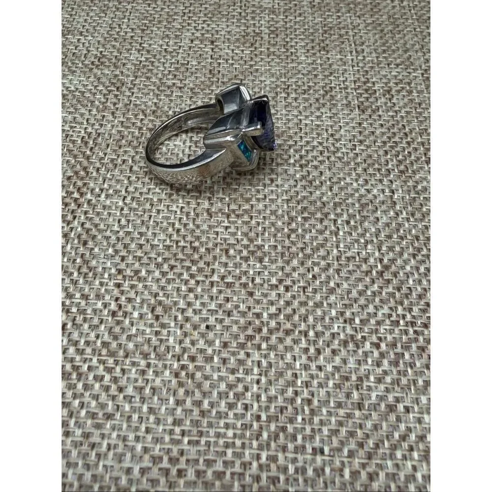 Sterling Silver 925 Blue Heart Ring w/ Lab Opal Inlay & CZ Accents – Size 7